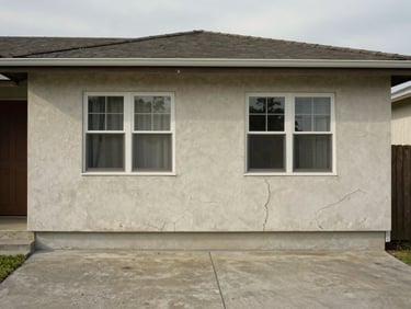 Close-up exterior of a single-family home facade under overcast daylight, cracked stucco and faded paint visible, concrete driveway, no staging or landscaping, documentary framing
