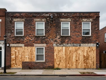 Wide shot of a two-to-four unit residential building exterior, brick facade weathered and stained, one unit boarded, flat overcast daylight, shot from the sidewalk across the street, no people
