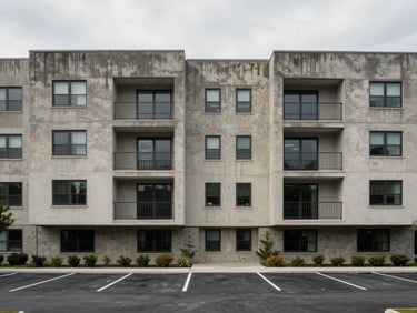 Environmental shot of a mid-rise apartment building exterior, concrete facade with visible water staining, some windows dark, overcast daylight, wide framing from parking lot, no people