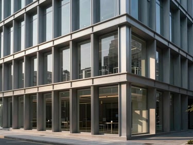 Modern minimalist commercial building exterior, steel and glass structure, afternoon shadows, clean geometric forms.
