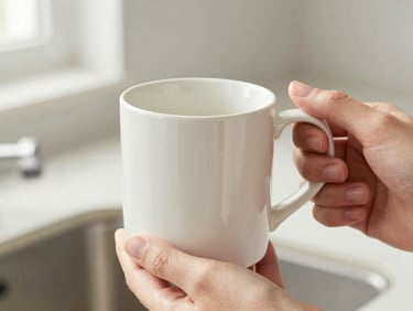 Close-up of a clean ceramic mug held by hands in a bright, sunlit Canadian kitchen, soft morning light, 50mm lens
