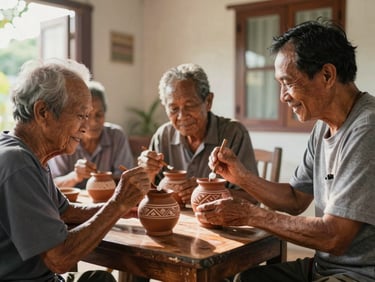 Candid medium shot of three smiling elderly residents sitting around a wooden table in a sunlit room, painting traditional Sarawakian clay pots with a warm caregiver assisting them. Soft morning daylight.