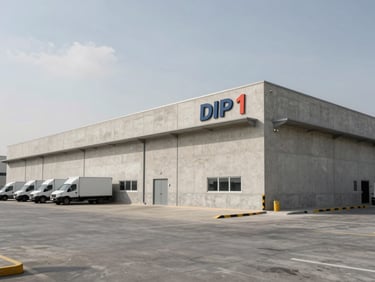 Wide panoramic exterior of a warehouse building in Dubai Investment Park, concrete facade and DIP 1 signage visible, overcast natural daylight, parked logistics vehicles to the far left, open forecourt in the foreground, industrial district context