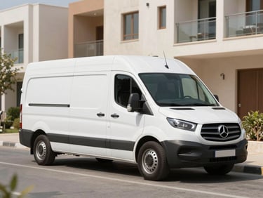 A clean, modern white service van with professional branding parked in a bright, modern Kuwaiti residential neighborhood street under daylight