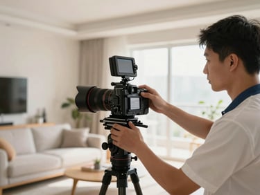 Brightly lit modern living room with a professional technician in clean uniform showing a certified safe product label to the camera, warm natural light