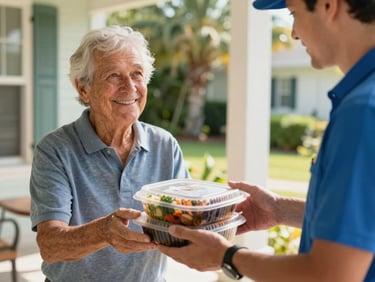A close-up, eye-level shot of a friendly delivery driver handing a warm, neatly packaged meal container to a smiling elderly resident on a sunlit porch in Florida.