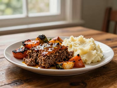 A close-up of vibrant, recognizable homestyle food, featuring a portion of savory meatloaf with roasted vegetables and mashed potatoes, bathed in warm interior window light on a rustic wooden table.