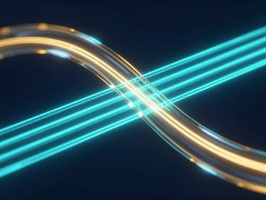 Macro 3D render of abstract glass trajectories, glowing electric cyan light paths cutting through dark midnight blue background, sharp focus, octane render