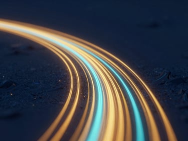 Macro ultra-realistic 3D render of fluid golden trajectory lines cutting through a dark midnight blue digital landscape, sharp focus, octane render