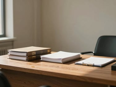 Wide environmental shot of a quiet law office interior, natural daylight falling across a wooden desk with stacked legal folders and a notepad, no people visible, warm neutral tones, calm and focused atmosphere