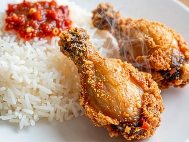 Warm food photography of a crispy fried chicken piece on a plate next to steaming white rice and bright red chili sambal, close-up