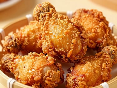 A basket filled with five golden-brown crispy fried chicken pieces, warm lighting, macro shot