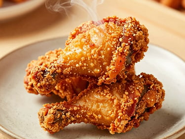Two pieces of golden crispy fried chicken stacked on a rustic plate, close-up, steam rising