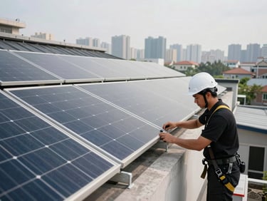 Angled wide shot of a rooftop solar panel array being installed on a residential building, technician in black polo and white hard hat adjusting a panel frame, city skyline in soft background, overcast daylight, safety harness visible