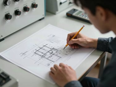 Angled overhead view of an electrical engineer reviewing technical drawings spread on a table in a building mechanical room, pencil in hand, panel board visible in background, practical site lighting
