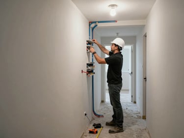 Wide shot of a technician in a black polo, dark jeans, white hard hat and safety boots mounting electrical conduit along the wall of a residential building hallway, practical fluorescent overhead lighting, organized cable trays visible, tools and measuring tape on the floor beside him, mid-installation work-in-progress
