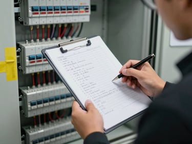 Close-up of a technician's hands in a black polo holding a technical inspection sheet with handwritten notes and circuit labels, mounted electrical panel with organized and labeled wiring visible in the background, fluorescent practical lighting, organized workspace with safety tape marking the work zone