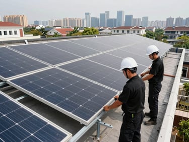 Wide shot of a rooftop solar panel array being installed on a residential building, two technicians in black polos and white hard hats securing mounting rails, city skyline visible at distance, overcast natural daylight