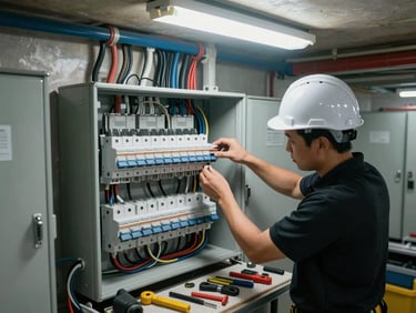 Overhead angled view inside a residential building mechanical room, technician in black polo and white hard hat connecting cables to a newly mounted distribution panel, labeled circuit breakers clearly visible, organized conduit runs along the ceiling, practical fluorescent site lighting, tools laid out methodically on a work mat