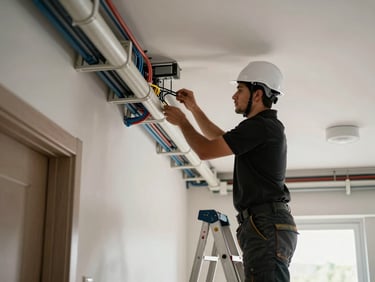 Technician in black polo and white hard hat routing electrical conduit along a residential building hallway ceiling, safety boots visible on a work ladder, clean organized cable trays, practical overhead lighting