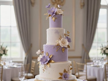 A grand multi-tiered luxury wedding cake with detailed sugar flowers, elegant indoor reception setting, soft background.