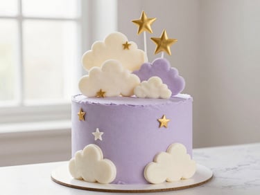 A sophisticated baby shower cake in soft lavender and cream, featuring delicate sugar clouds and stars.
