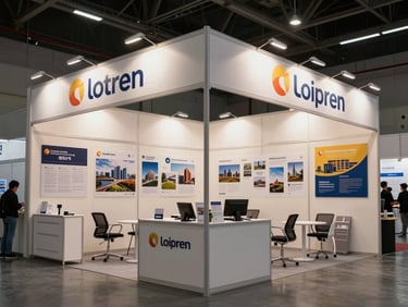 Documentary shot of branded signage and promotional banners installed in a corporate expo booth, clean directional lighting illuminating printed materials, wide angle showing booth structure and surrounding hall floor