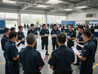Wide environmental shot of a uniformed event crew mid-briefing in a large expo hall, team members standing in a circle reviewing printed schedules, natural daylight from overhead skylights, no faces in close-up