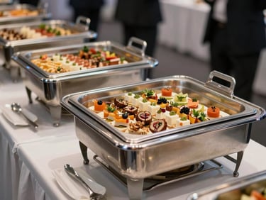 Close-up of a polished catering station at a corporate expo, stainless serving trays neatly arranged with garnished food, soft tungsten light reflecting off chrome surfaces, wide table detail from a low angle