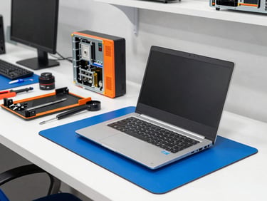 A clean computer repair workbench under bright workshop lights, with tools neatly organized and a disassembled laptop on a blue anti-static mat, safety orange details.