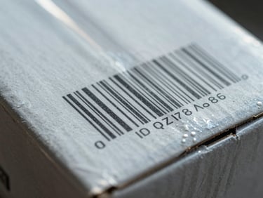 Close-up macro detail of a pristine shipping box with a crisp tracking barcode, cool daylight reflecting off metallic surfaces.