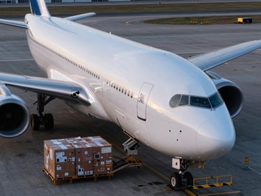 High-angle shot of a pristine cargo aircraft loading containerized freight on the tarmac under cool twilight lighting, metallic reflections.