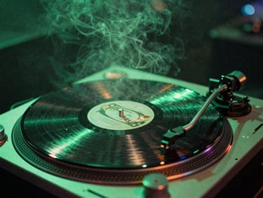 Gritty close-up of vinyl spinning on a turntable under low-key green neon light, atmospheric smoke, 35mm film