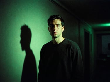 Moody portrait of an artist in a dark studio hallway, dramatic shadows, neon green backlight, 35mm film texture