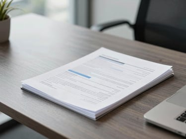 Crisp corporate photography of a modern Singaporean office desk with financial documents, natural daylight, cool slate tones, 35mm