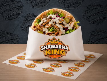 Shawarma King chicken pita sandwich with garlic sauce, fresh lettuce, and pickles in branded packaging.