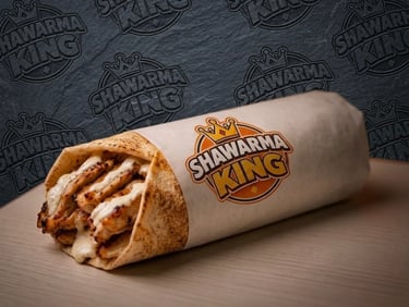 A gourmet chicken shawarma wrap with garlic sauce from Shawarma King, served in a branded paper sleeve.