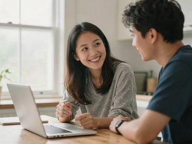 Friendly tutor (50s-60s) sitting at a kitchen table, explaining a laptop to a client, natural window light, genuine human connection.