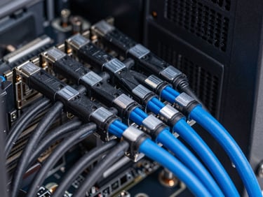 Macro photography of perfectly organized server cables, bundled in clean black sleeves with silver labels, routing into a high-end motherboard, cool studio lighting.