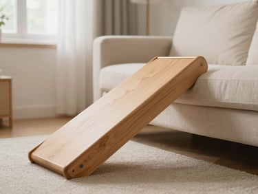 A sturdy wooden dog ramp positioned gently against a soft cream sofa, warm natural light, cozy living room setting.
