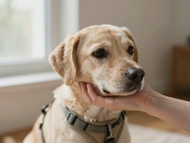 Close-up of a gentle human hand supporting an older dog with a soft padded chest harness, warm soft-focus editorial photography.