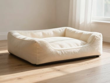 A thick memory foam dog bed on a light wooden floor, soft afternoon light casting gentle shadows, warm editorial style.