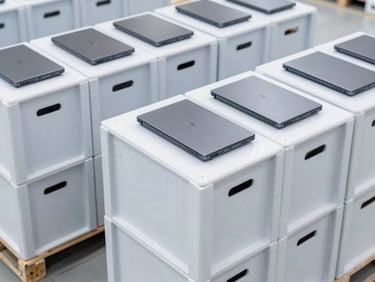 Overhead shot of neatly stacked enterprise laptops in secure shipping crates, ready for transport, bright warehouse lighting, sharp focus, 35mm