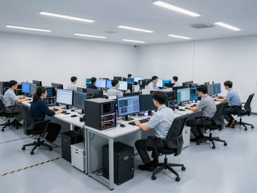 Wide shot of a modern, clean IT operations center with technicians monitoring screens, organized and efficient environment, cool-toned lighting, sharp focus, 35mm
