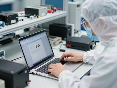 Close-up of a technician in ESD gear configuring a laptop on a clean workbench, focused on the screen, bright studio lighting, sharp focus, 35mm