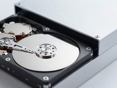 Macro shot of a hard drive being securely wiped by a data erasure machine, clear technical environment, bright cool lighting, sharp focus, 35mm