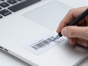 Close-up of a hand scanning a warranty barcode on a laptop, bright cool-toned lighting, organized, sharp focus, 35mm