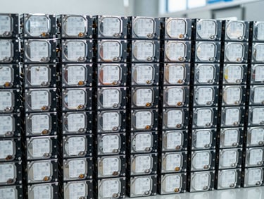 Neatly stacked hard drives awaiting certified data wiping in a secure facility, bright studio lighting, structured, sharp focus, 35mm