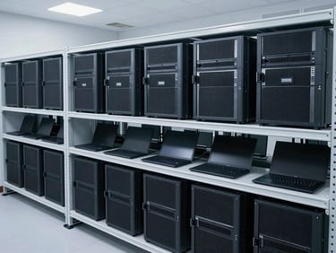 Wide shot of a clean, organized IT asset storage facility, neatly stacked enterprise servers and laptops on shelves, cool-toned daylight, sharp focus, 35mm