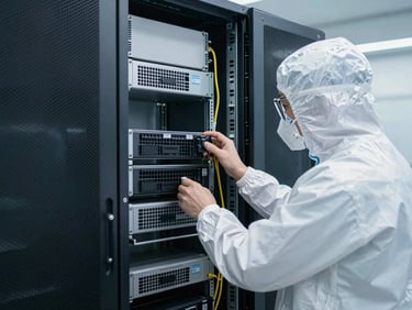 Technician in ESD gear performing maintenance on a server rack, bright studio lighting, sharp focus, 35mm